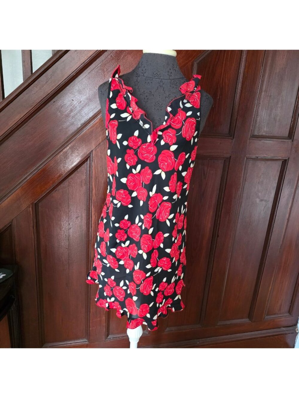 Josie Natori Black & Red Rose Print Ruffle Trim Sleeveless Dress Made In Italy